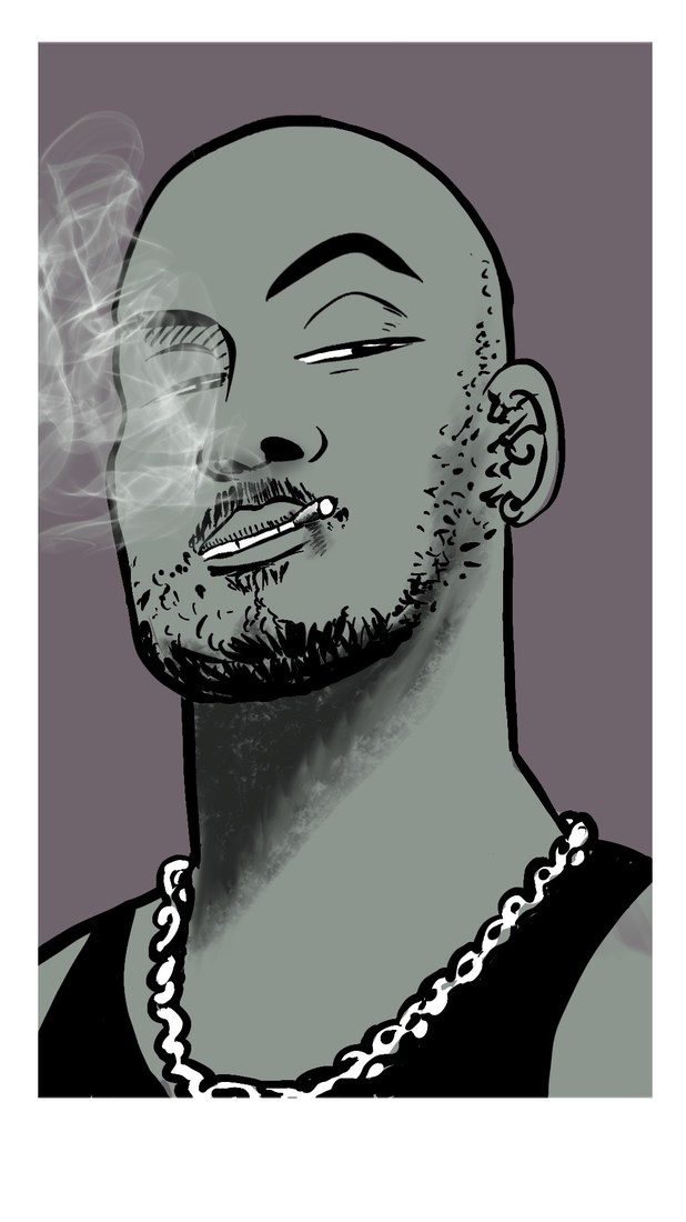 Portrait pop art, fond gris, homme fumant