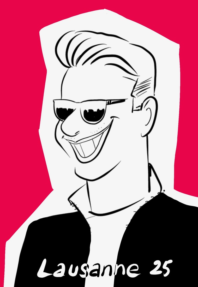 Portrait pop art, fond rouge, homme en lunettes de soleil, Lausanne