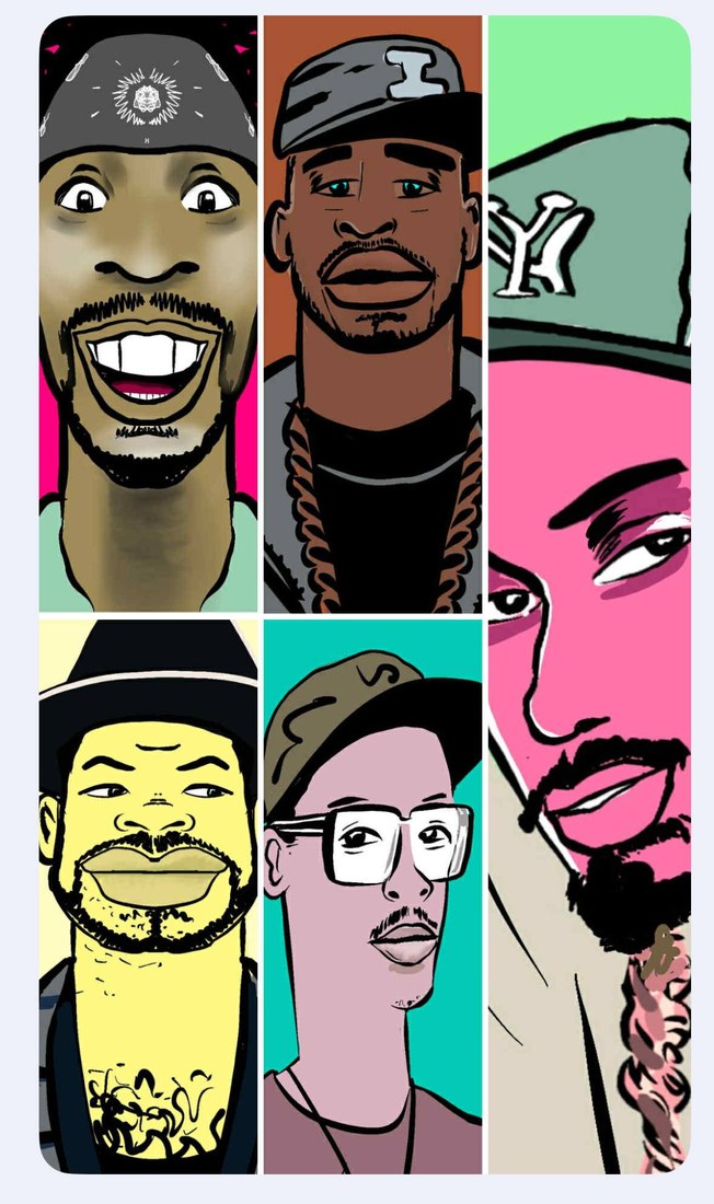 Planche de six portraits pop art, styles et couleurs variés