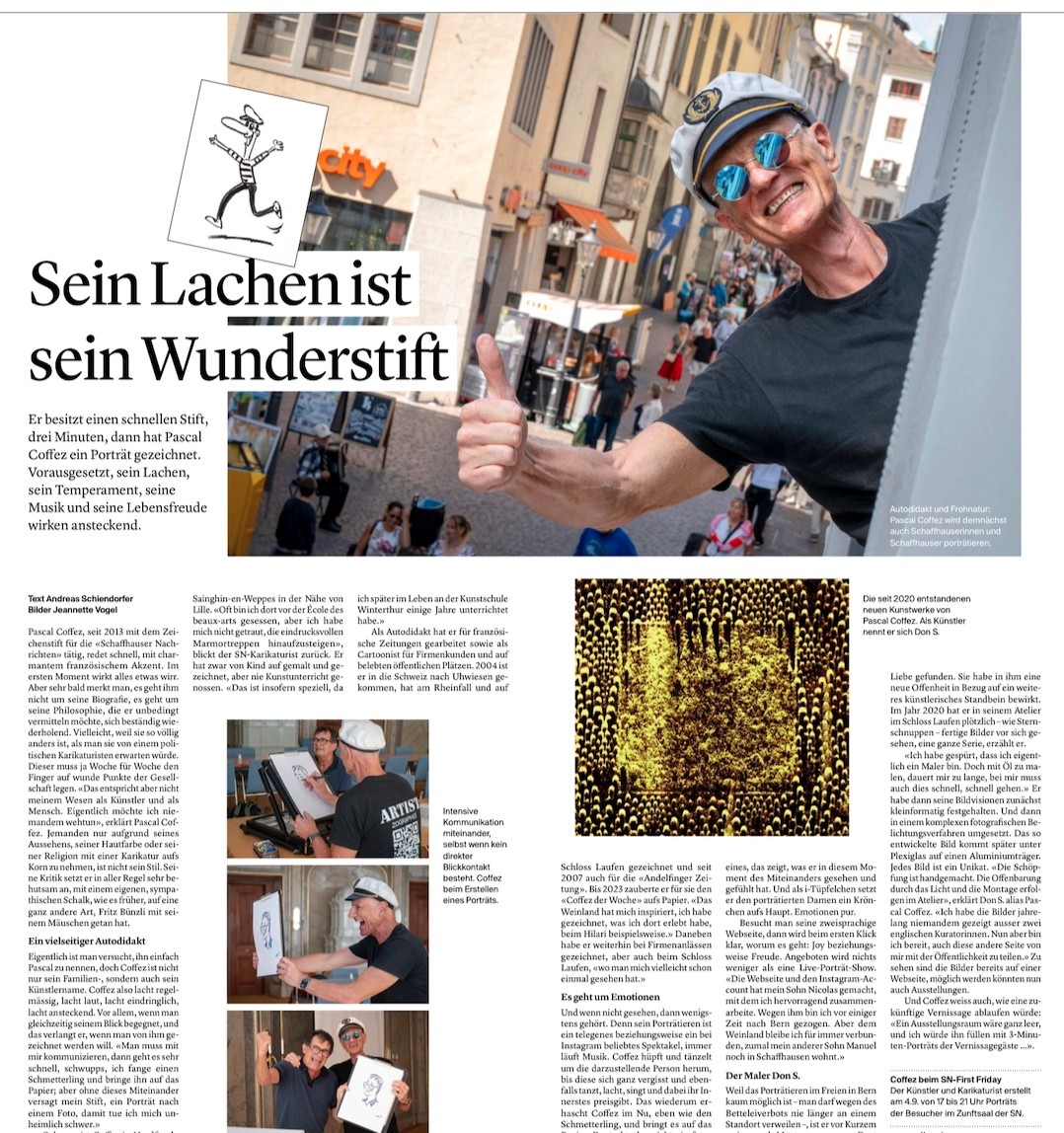 Double page des Schaffhauser Nachrichten du 27 aout 2026 : Sein Lachen ist sein Wunderstift